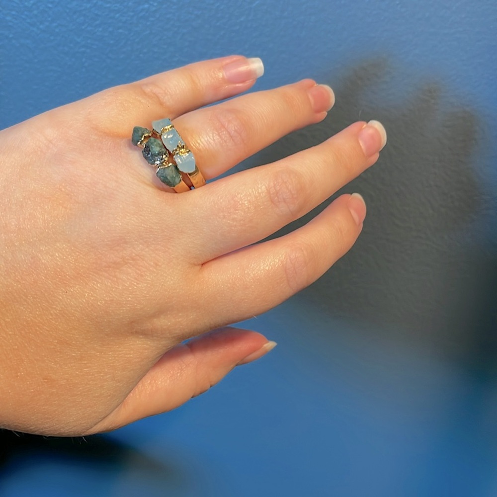 Raw Aquamarine and Raw Emerald Stacking Rings size 8
